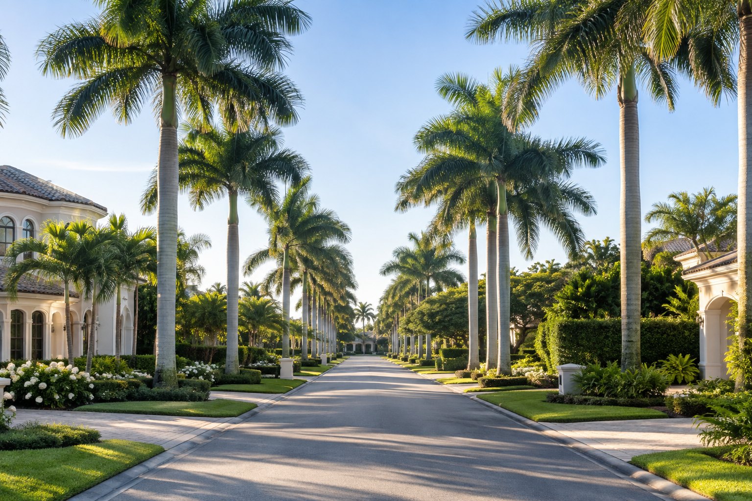 A Naples street lined with royal palms, illustrative
